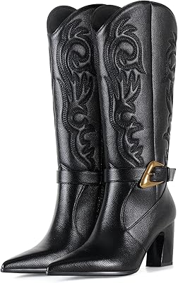 Western Cowboy Boots for Women - Knee High Calf Cowgirl Boots with Classic Embroidered with Gold Buckle, Slip On Pointed Toe Chunky Heel Fashion Retro Classic Faux Leather Pull On Tall Boot