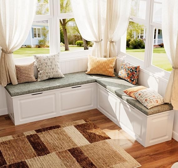 L-Shaped Corner Storage Bench with Cushion, Kitchen Breakfast Nook Entryway Bench with Hidden Space and Shoe Storage, Corner Banquette Benches for Dining Room, Living Room, White & Grey