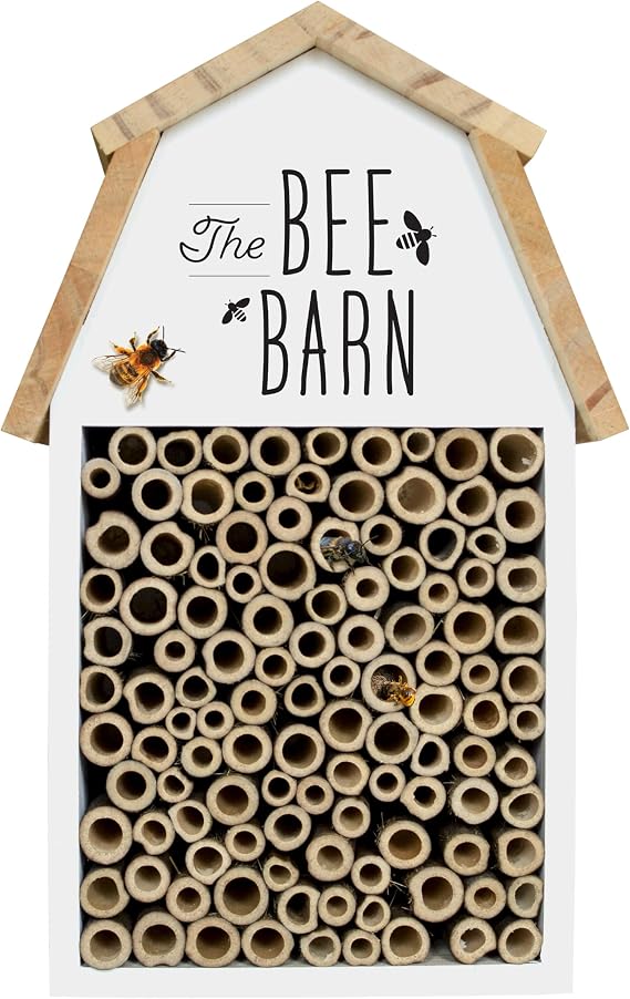 Nature's Way Wooden Bee House for Outdoor Decor, Beneficial Insects and Pollinators, Mason Bee, Leafcutter Bee, White