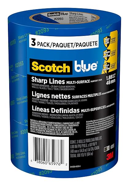 ScotchBlue Sharp Lines Painter's Tape, 1.88 Inches x 60 Yards, 3 Rolls, Blue, Paint Tape Protects Surfaces and Removes Easily, Edge-Lock Painting Tape for Indoor and Outdoor Use