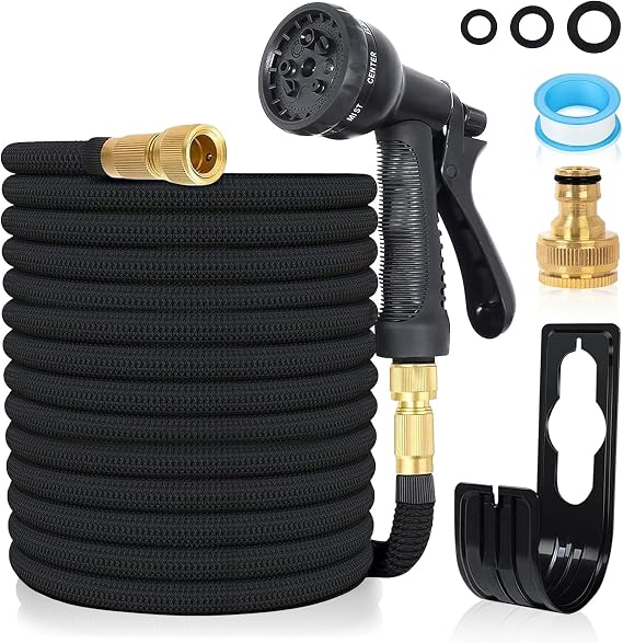 Expandable Garden Hose Pipe 100FT 3 Times Flexible Expanding Magic Lightweight Watering Hose Anti-Leakage with 3/4" 1/2" Solid Brass Fittings 8 Function Spray Nozzle (BlackA)