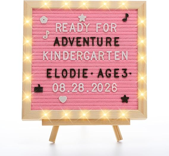 10"10" Felt Letter Board with LED Lights & Stand, First Day of School Sign | Wall/Desk Display, 450-Letter, Message Custom Signs Poster Board, Baby/Pregnancy Announcement/Birthday Decorations, Pink
