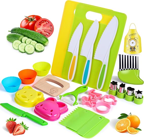 26Pieces Kids Kitchen Knife Set, Toddler Safe Knife Set for Real Cooking, Montessori Kitchen Tools with Kids Cutting Board Crinkle Cutter Peeler, Mini Chef for 3-10 Year Old Toddler Birthday Gift