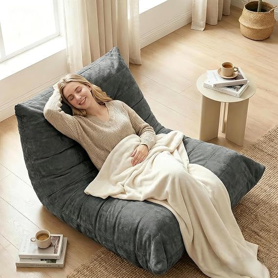 Boneless Floor Sofa Chair Grey, Soft Chenille Fabric Lounge Chair, Ergonomic Lumbar Support, Lazy Bean Bag Chair, Corner Bean Bag Sofa, Grey Armless Fireside Chair for Living Room, Office