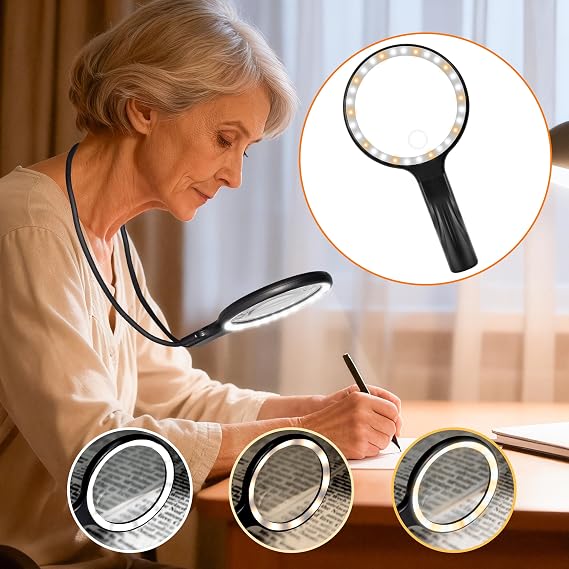 Hands-Free Magnifying Glass with Light, Neck Magnifier for Reading | 5 Inch 5X & 10X Lighted Magnifying Glass