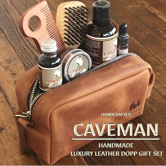 Caveman Luxury Leather Complete DOPP Set (Virgin Cedarwood), Beard Oil Balm Wash Size Brush Comb