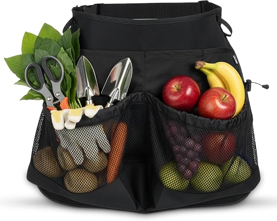 Waterproof Gardening Apron with Mesh Pouch Pockets for Tools, Fruit, Vegetables, Adjustable Buckle Waist Belt