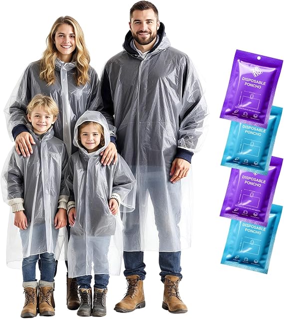 ZENO Disposable Rain Ponchos for Adults & Kids - Rain Poncho Family pack - Clear, Compact, Breathable, Emergency Ponchos with Hood - Travel Rain Poncho Hiking, Camping