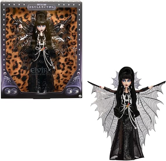 Monster High Doll, Elvira, Mistress of the Dark Collectible in Black Faux Leather Dress with Silvery Batwing Cape and Premium Accessories