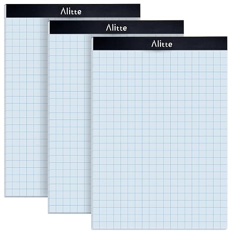 Alitte Graph Paper Pad, Pack of 3, White Letter Size - 2x2 Quad Grid Paper, Easy-Tear Perforations, 8.5 x 11 Cardboard Backing - Graph Notepads for School, Office -50 Sheets per Pad
