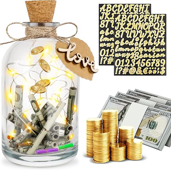 Clear Glass Piggy Bank for Adults, LED Light Up Clear Money Jar Glass Coin Bank Jar Bottle with Glitter Alphabet Symbols Stickers, Personalised Money Gift for Wedding Birthday