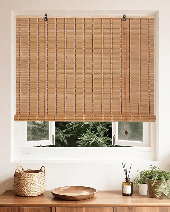 FoundGo 33.5" W*64" H Bamboo Roller Blinds Sun Shade,Retro Light Filtering Roller Bamboo Curtains Roll Up Curtain Shades for Windows,Doorways.