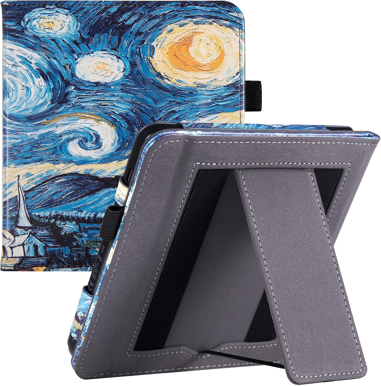 BOZHUORUI スタンドケース 7インチ Kobo Libra Color & Kobo Libra 2 電子書籍リーダー用 - プレミアムPUレザースリーブカバー 2本のハンドストラップ/オートスリープ/ウェイク星空
