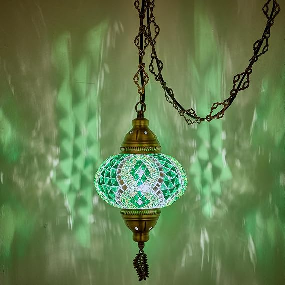 DEMMEX Plug-in Turkish Moroccan Mosaic Hanging Pendant Ceiling Light Swag Lamp Fixture with 15ft Cord & Chain, Handcrafted Glass, Tiffany Style, Mediterranean Decor (Green)