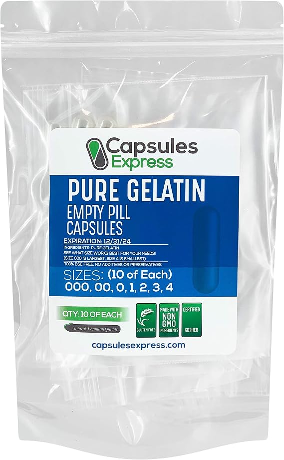 XPRS Nutra Clear Empty Capsules Sample Pack - Ten Each of Sizes 000, 00, 0, 1, 2, 3, 4 - Empty Capsules - Pill Capsule - Gelatin Gel Caps DIY Supplement Filling