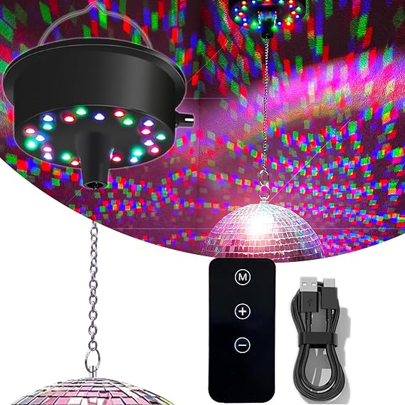 Disco Ball Motor with Lights with Remote, 5 RPM-9 RPM 24 LED Mirror Ball Motor with Lights for 4" 6" 8" 12" Balls for Party(USB/Battery Powered) [Energy Class A]