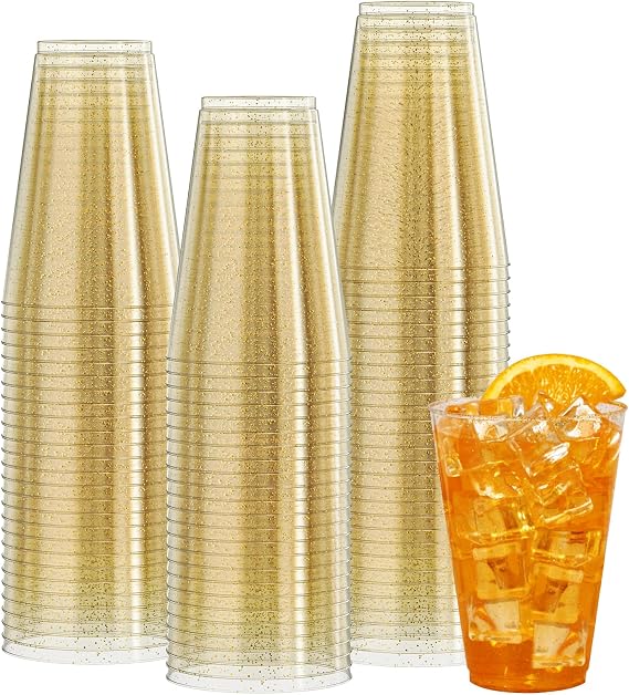 Vplus 100 Pack 14 OZ Gold Glitter Disposable Plastic Cups Glasses for Party | Heavy Duty, PS Tumblers, Durable, Ideal for Office, Gathering, Wedding, Thanksgiving, Christmas, Halloween, Daily Use