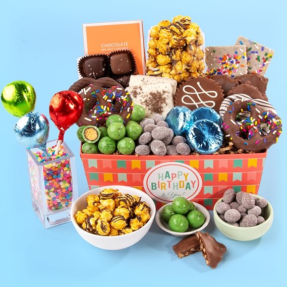 A Gift Inside Birthday Gift Basket, Chocolate Gift Basket with Gourmet Chocolates, Birthday Treats, Sweet Treats & Snack Gift Basket with Happy Birthday Ribbon