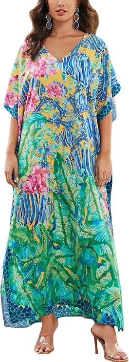 AUBIG Women Casual Beachwear Lightwight Turkish Kaftans Long Swimsuit Cover up V Neck Caftan Beach Dress
