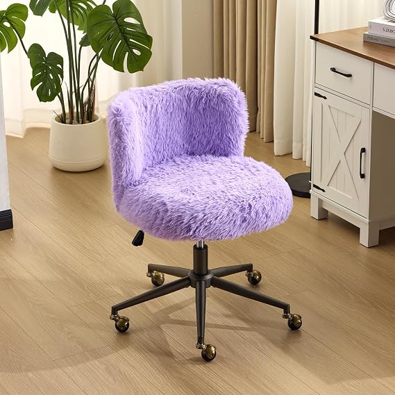 VINGLI Plush Upholstery Vanity Desk Chair with Curved Back & 90-102 Tilt & Adjustable Height, Cute Rolling Chair with Bronze Base & Golden-Bronze 360 Swivel Wheels for Makeup &Home Office, Purple