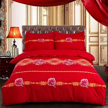 Queen Sheet Set, Wedding Red Bedding Set, Wedding 4 Piece Bedding Duvet Cover Set for Bedroom Decoration, Soft Microfiber Comforter Cover Sets(B,Twin)