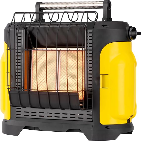 Portable 10000 BTU Propane Heater, Indoor Outdoor Use, Ideal for Patio, Garage, Camping, Tent Heating, Tabletop or Fire Pit, Black/Yellow | Outdoor & Emergency Indoor Portable Propane Heater, Heat up to 450 sq ft, Up to 8hr Run Time, 2- 1 lb Tank, Tip Over Shut Off