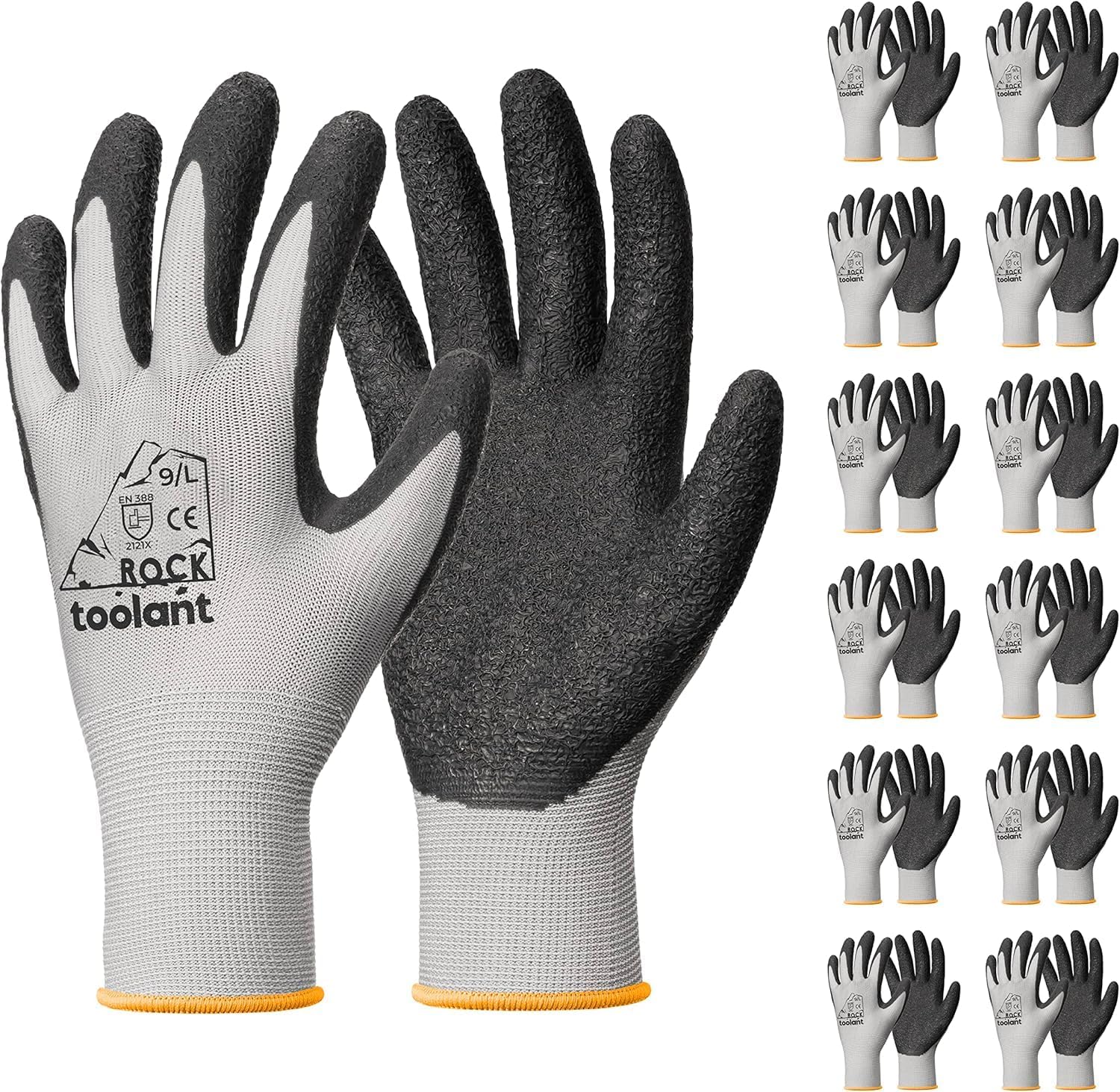 toolant Crinkle Latex Work Gloves Bulk, Rubber Coated Safety Work Gloves for Men and Women, 12 Pairs for Construction, Gardening, Warehouse Gray, Large