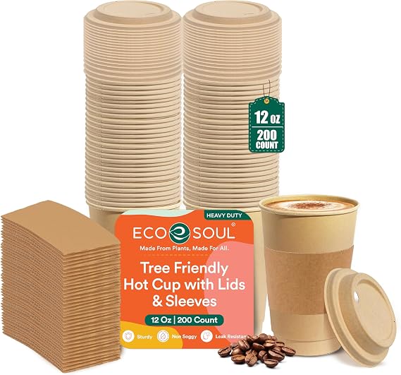 ECO SOUL 200 Pack 12 oz Disposable Coffee Cups with Lids & Sleeves Eco-Friendly, Biodegradable, Compostable, Leak-free & Sturdy To Go Hot Drink Cup for Tea, Chocolate Party Travel Cafe Office & Home