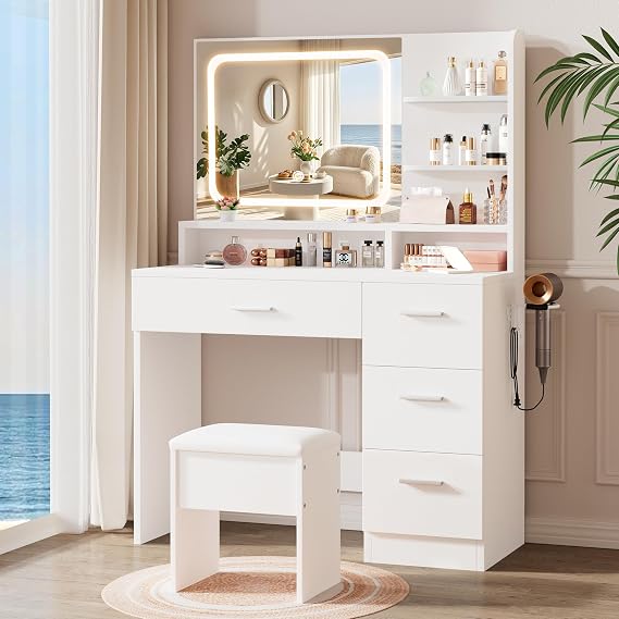 LIVELYGLOW Makeup Vanity Desk Set, 35.4Wx15.7Dx53.9H, White (Smart LED Mirror, with Cushion Stool, Hairdryer Rack, Power-Outlet, 4 Drawers, Open Shelves)