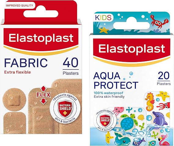 Bundle of Elastoplast Extra Flexible Fabric Plaster Strips (40 Pieces) + Elastoplast Aqua Protect Kids Plasters (20 Pieces), Wound Protection Duo, Water-Repellent
