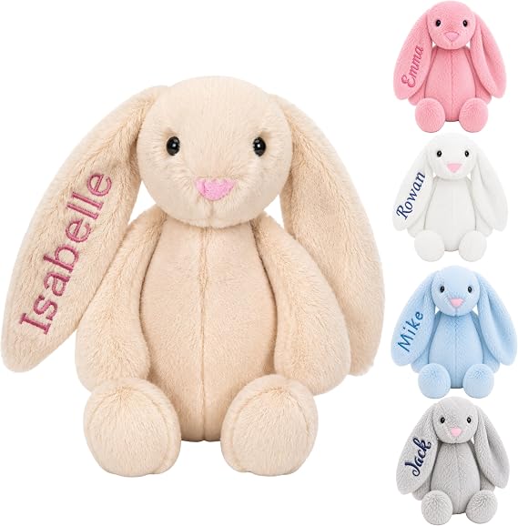 DreamBuy Personalised or Plain Plush Bunny Soft Toy, Grey, White, Pink or Beige, Custom Name Embroidery, Baby Gift for Easter (Beige)
