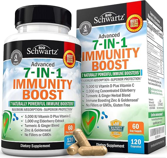 Immune Support Supplement with Zinc Elderberry Vitamin D 5000 IU, 120ct | Vitamin C, Turmeric, Ginger, Goldenseal Immunity Vitamins for Adults Women & Men - Gluten-Free, Non-GMO, Third Party Tested
