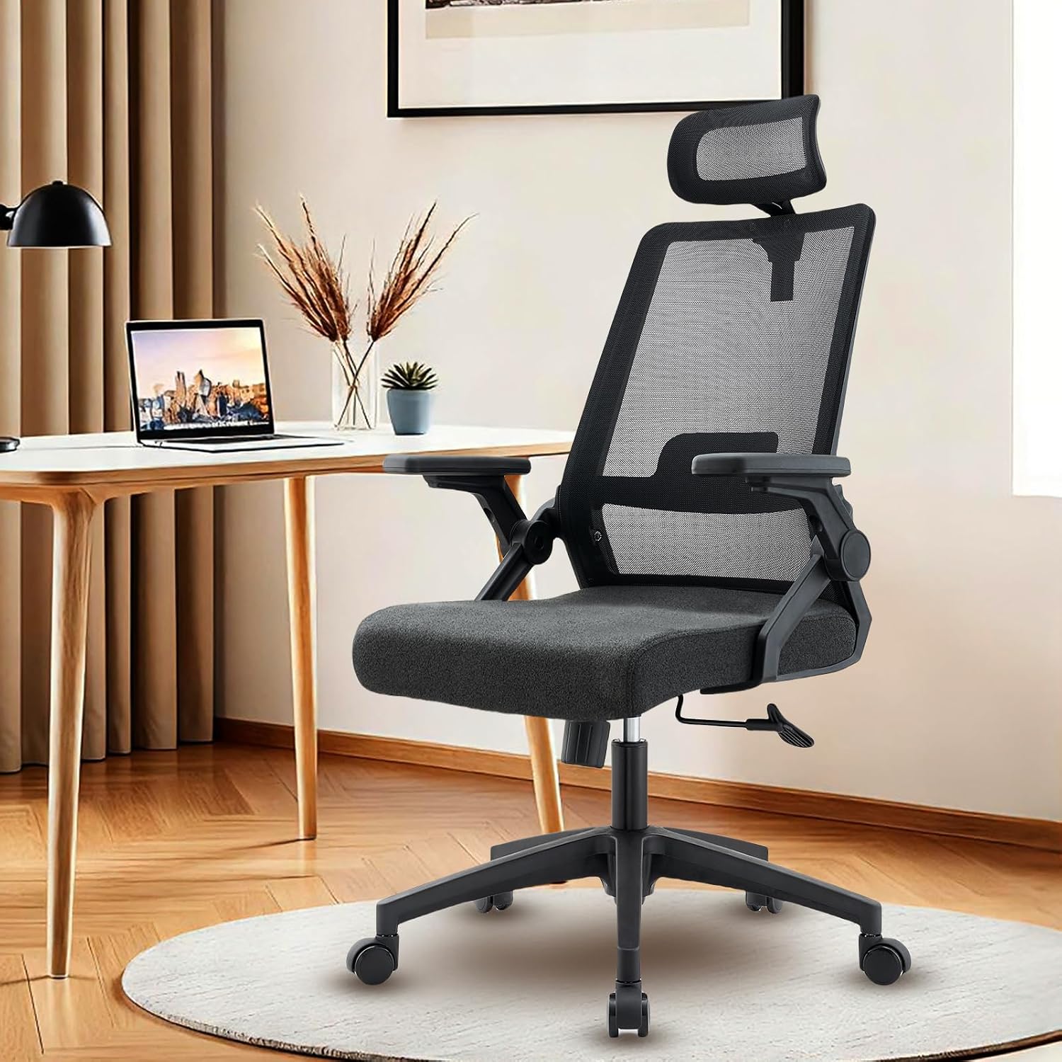 Office Chair ergonomically Designed with Breathable mesh backrest and Lumbar Support Adjustable Height Suitable for Offices Homes bedrooms Study Rooms Black