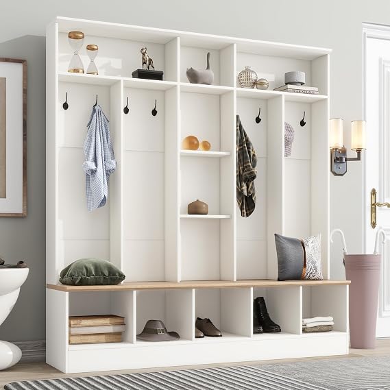 Wide Hall Tree with Shoe Storage Bench, Minimalist Entryway Bench with Coat Rack, Cube Storage and Shelves, Multifunctional Mudroom Bench with Storage and 8 Hooks for Entryway, Hallway (White)