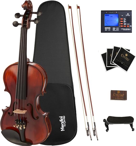 Mendini By Cecilio 1/2 Violin Set For Beginners, Black Solid Wood - Acoustic Violins Set with Hard Case, Tuner, Shoulder Rest, 2 Bows, Rosin, Bridge & Strings (Flamed)
