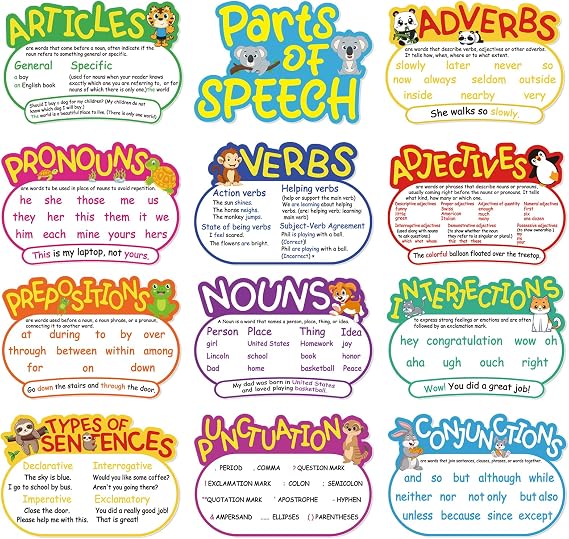 12Pcs Parts of Speech Posters Grammar Poster Educational Grammar Cutouts Bulletin Board Set English Grammar Chart Language Art Bulletin Board Decor (Bright Color,Animal)