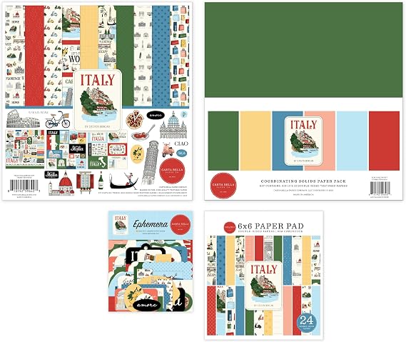 Carta Bella Italy Classic Bundle - Complete Collection Kit with Solids Kit, Ephemera, and 6x6 Paper Pad for Crafting and Scrapbooking