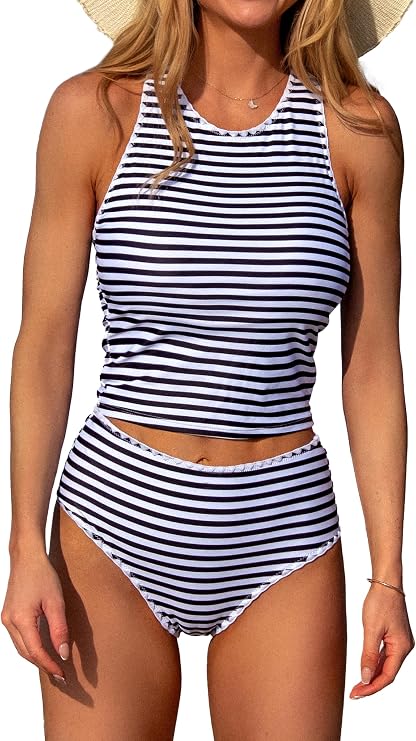 Beachsissi Women's White Trim Round Neck Cutout Back Two Pieces Tankini Sets