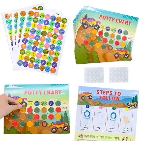 Monster Car Potty Training Reward Chart, Potty Training Sticker Chart for Kids - 10 Training Charts with Stickers