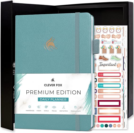Clever Fox Daily Planner Premium, Undated Hourly Day & Weekly Aquamarine | Advanced 6-month daily planner with schedule time slots & monthly calendars, productivity & wellness, A5, 5.8x8.3 in