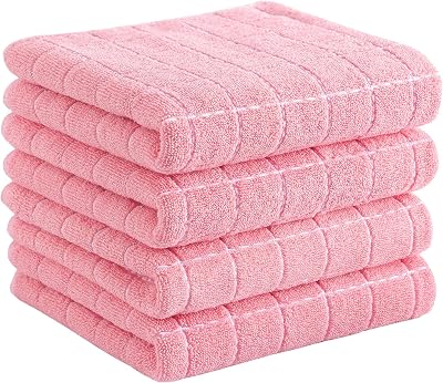 Homaxy 100% Cotton Terry Kitchen TowelsPink, 13 x 28 inches, Checkered Designed, Soft and Super Absorbent Dish Towels, 4 Pack