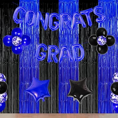 Black Blue Graduation 2025 Set, Blue Congrats Grad Balloons kit and Black Blue Curtains Backdrops
