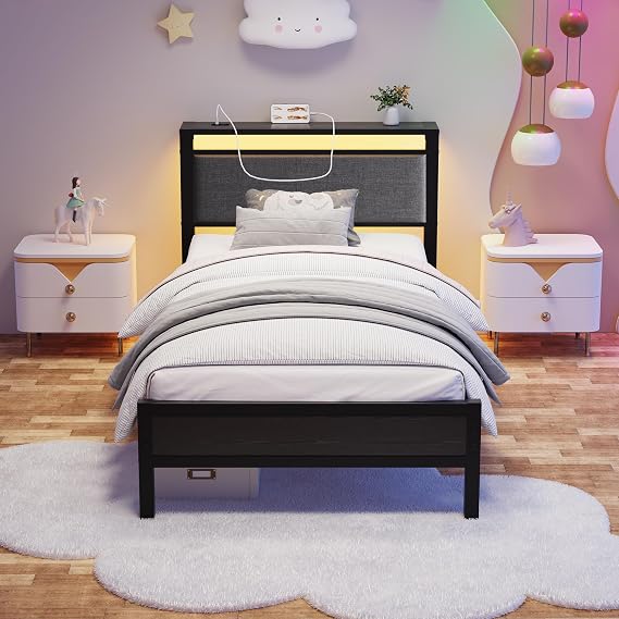 3FT Single Bed Frame with Storage Headboard, Black