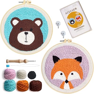 ACECHEN 2 Sets Punch Needle Embroidery Starter Kits,Rug Hooking Kit for Kids and Adults Begingners,Include Embroidery Patterns,Needles,Yarns,Embroidery Hoops and Threader Tools