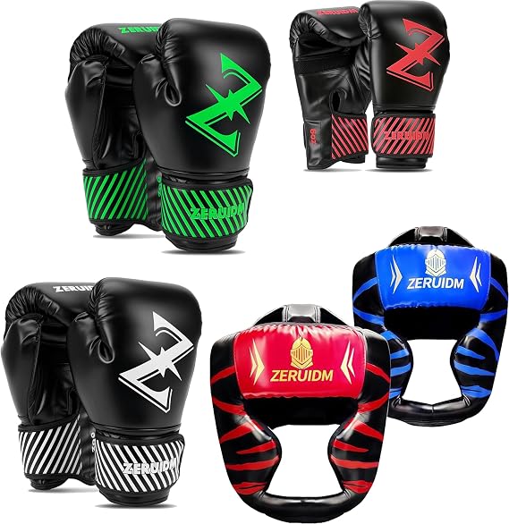 4 Set of Boxing Gloves and Headgear for Kids, Leather Ventilated Mesh, Boys Girls Junior Punching Gloves for PunchBag Focus Pads MMA Muay Thai Kickboxing