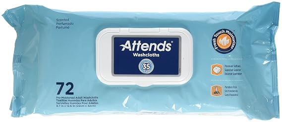 Attends Washcloths No-Rinse Disposable Cleansing Wipes for Incontinence, 7.8"x11.8", Hypoallergenic Alcohol-Free with Aloe, Scented, 72ct Soft Pack