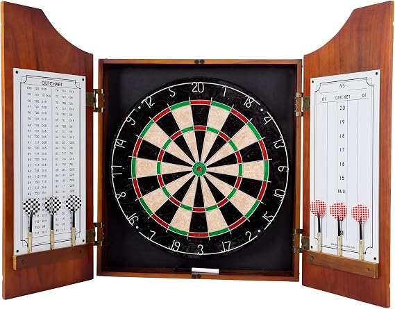 Dart Board Cabinet Set - with 6 Metal-Tip Darts and Dry Erase Scoreboard by Trademark Poker