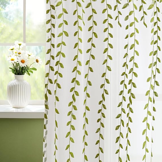 Embroiderey Leaf Patterned Sheer Curtains for Living Room 2 Panel Sets