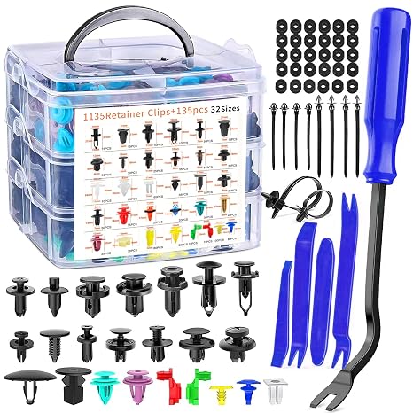 1270 Pcs Car Retainer Clips Kit Bumper Repair Kit with 32 Universal Sizes Retainer Clips Automotive Plastic Fasteners Kit with 10 Cable Ties and Removal Tool for Toyota GM Ford Honda Benz, Chevy