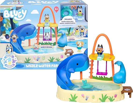 Bluey Balina Su Parkı Oyun Seti, Renk Değiştiren 7,6 cm Eklemli Figür, Su Fışkırtmalı, Kaydıraklı ve Salıncaklı, 3 Yaş ve Üzeri